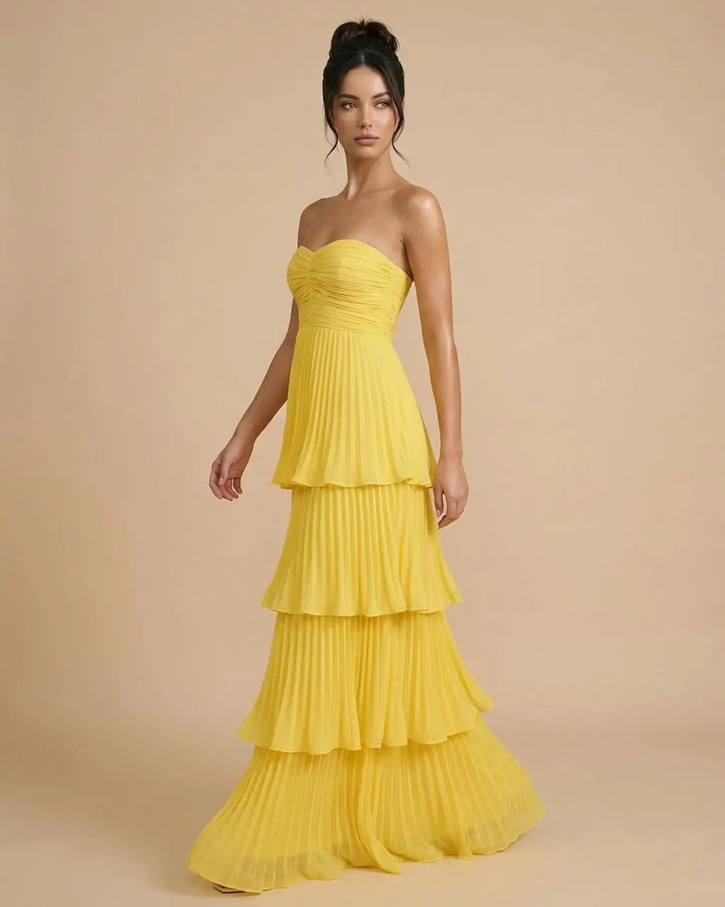 SOLACE  Yellow Tiered Pleated Chiffon Fitted Bodice Maxi Dress 