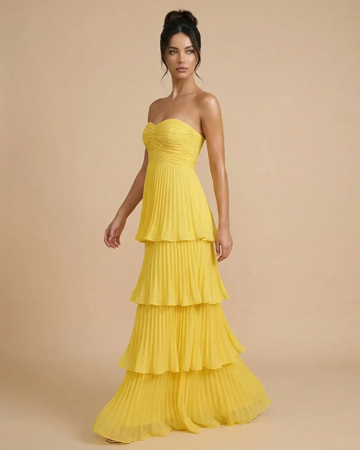 SOLACE  Yellow Tiered Pleated Chiffon Fitted Bodice Maxi Dress 