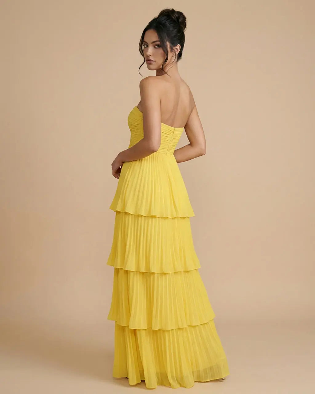 SOLACE  Yellow Tiered Pleated Chiffon Fitted Bodice Maxi Dress 