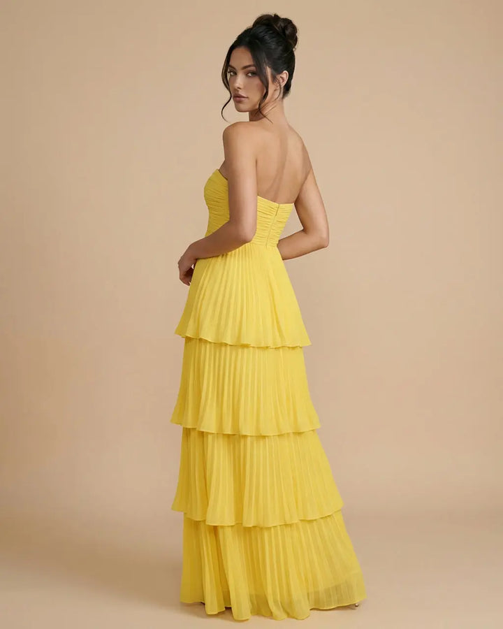 SOLACE  Yellow Tiered Pleated Chiffon Fitted Bodice Maxi Dress 