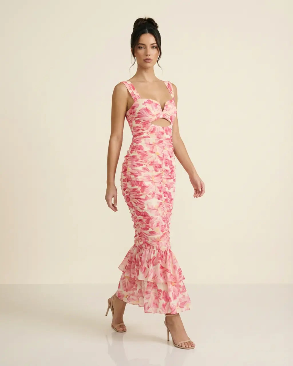 SOLACE  Pink Ruched Floral Print Cut-out Slim Fit Midi Dress 
