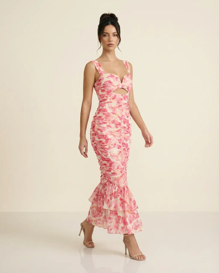 SOLACE  Pink Ruched Floral Print Cut-out Slim Fit Midi Dress 