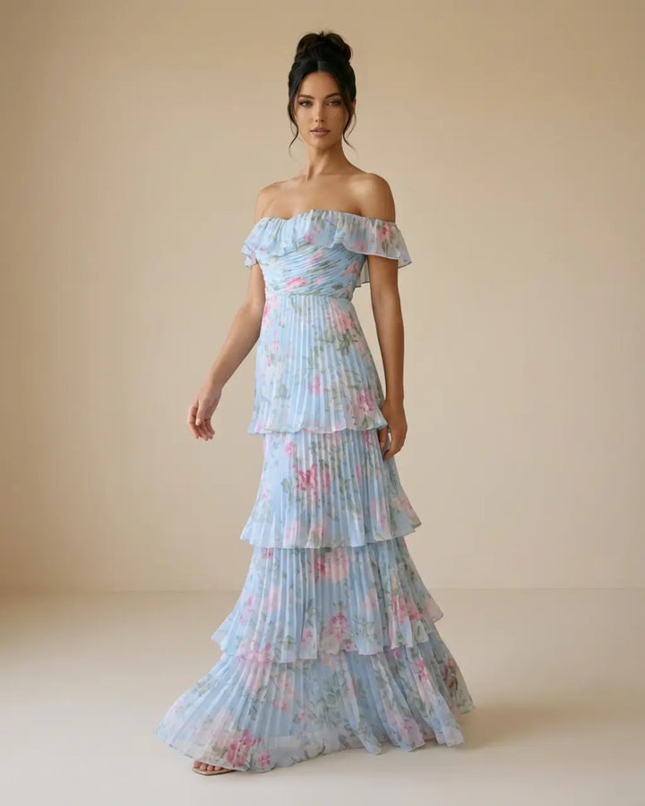 SOLACE  Light Blue Floral Pleated Tiered Slim Fit Maxi Dress 