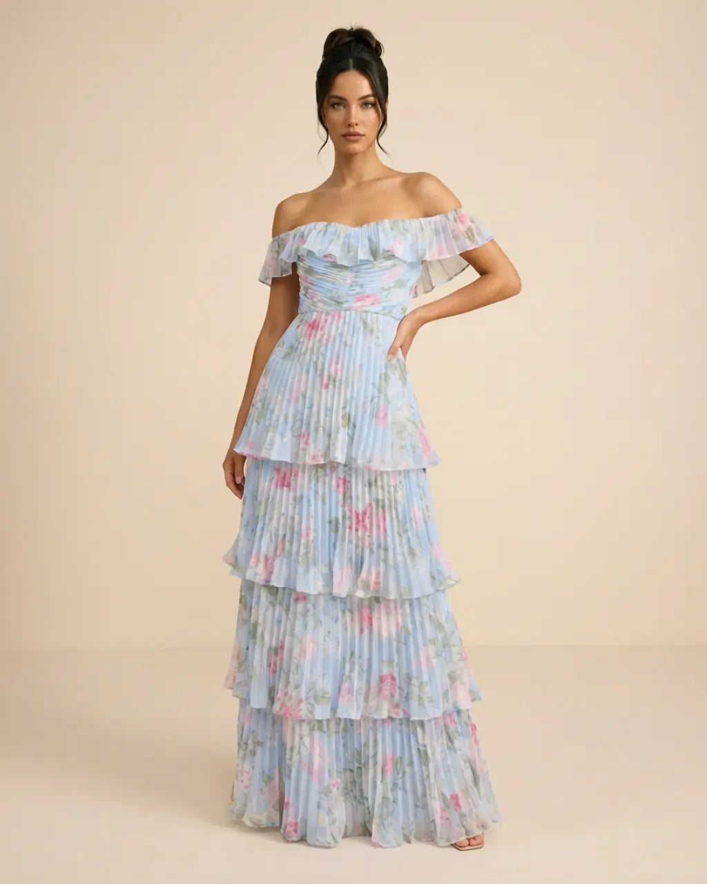 SOLACE  Light Blue Floral Pleated Tiered Slim Fit Maxi Dress 