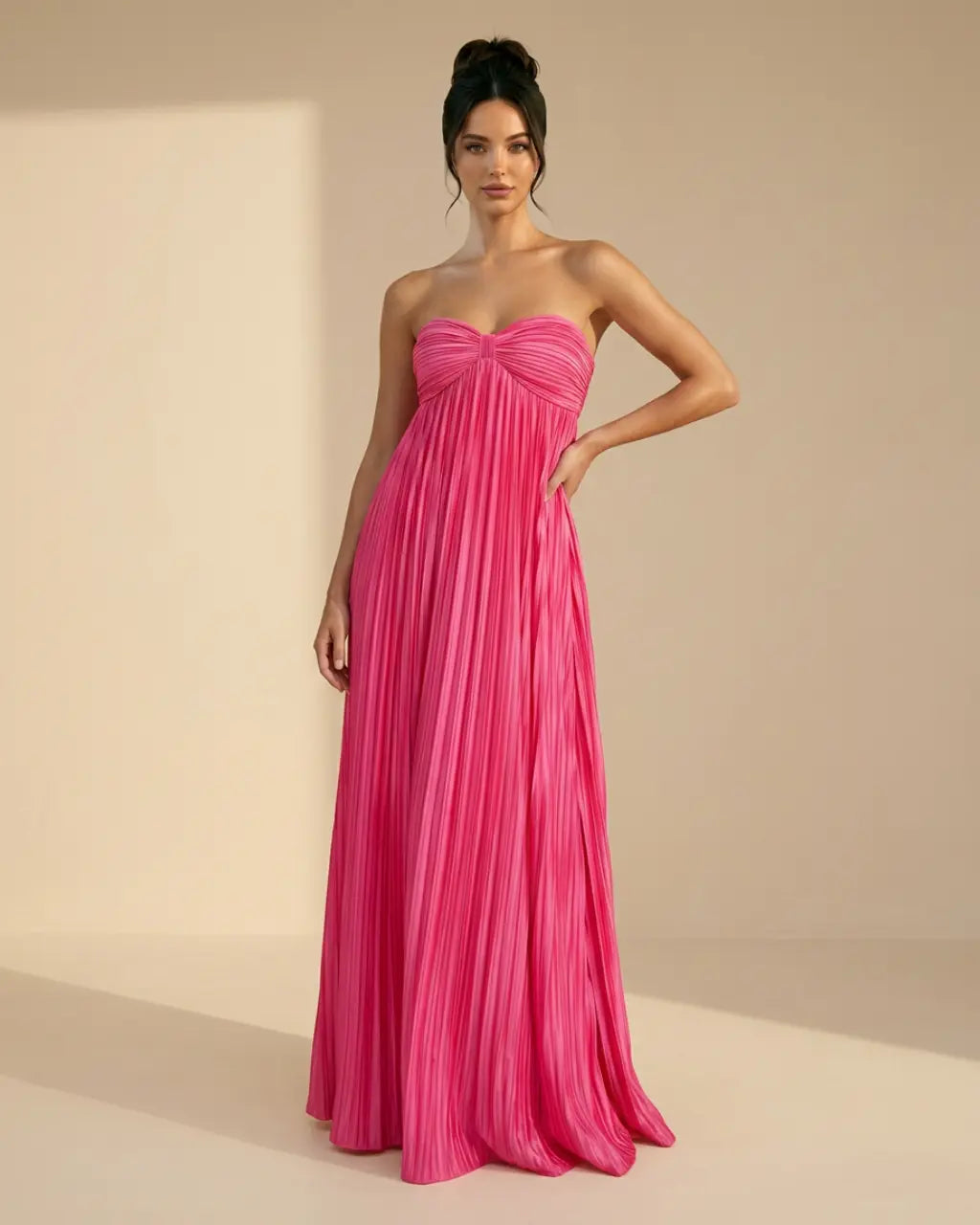 SOLACE  Fuchsia Pink Pleated Fabric Flowy Fit Maxi Dress 