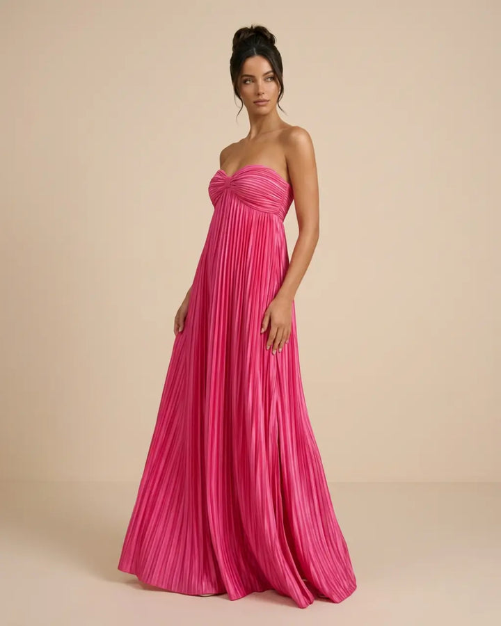 SOLACE  Fuchsia Pink Pleated Fabric Flowy Fit Maxi Dress 