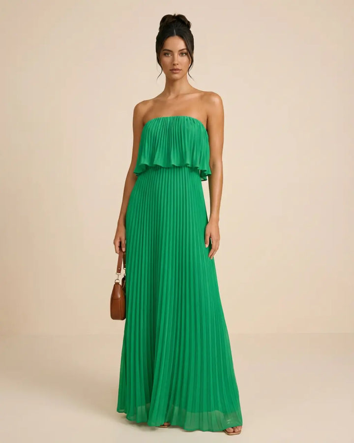 SOLACE  Green Ruffled Pleated Design Slim Fit Floor Length Maxi Dress 