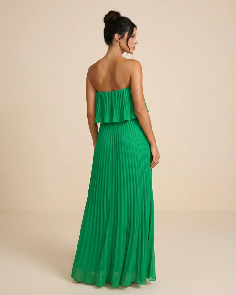 SOLACE  Green Ruffled Pleated Design Slim Fit Floor Length Maxi Dress 