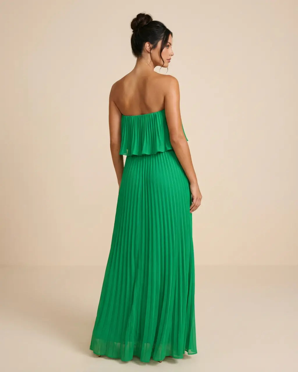 SOLACE  Green Ruffled Pleated Design Slim Fit Floor Length Maxi Dress 
