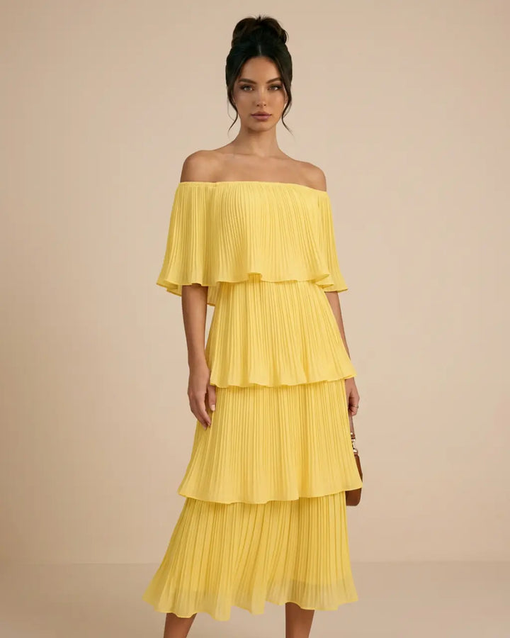 SOLACE  Yellow Tiered Pleated Off Shoulder Regular Fit Midi Dress 