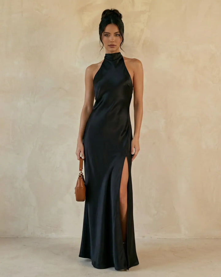 SOLACE  Black Thigh Slit Satin Slim Fit Maxi Dress 