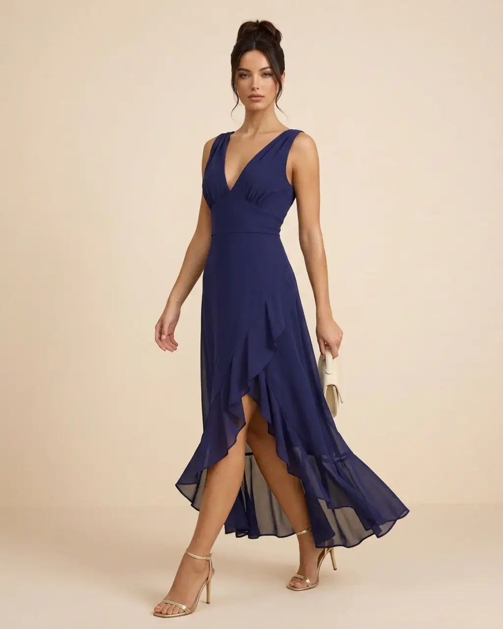 SOLACE  Navy Blue Ruffle Chiffon Slim Fit High Low Dress 