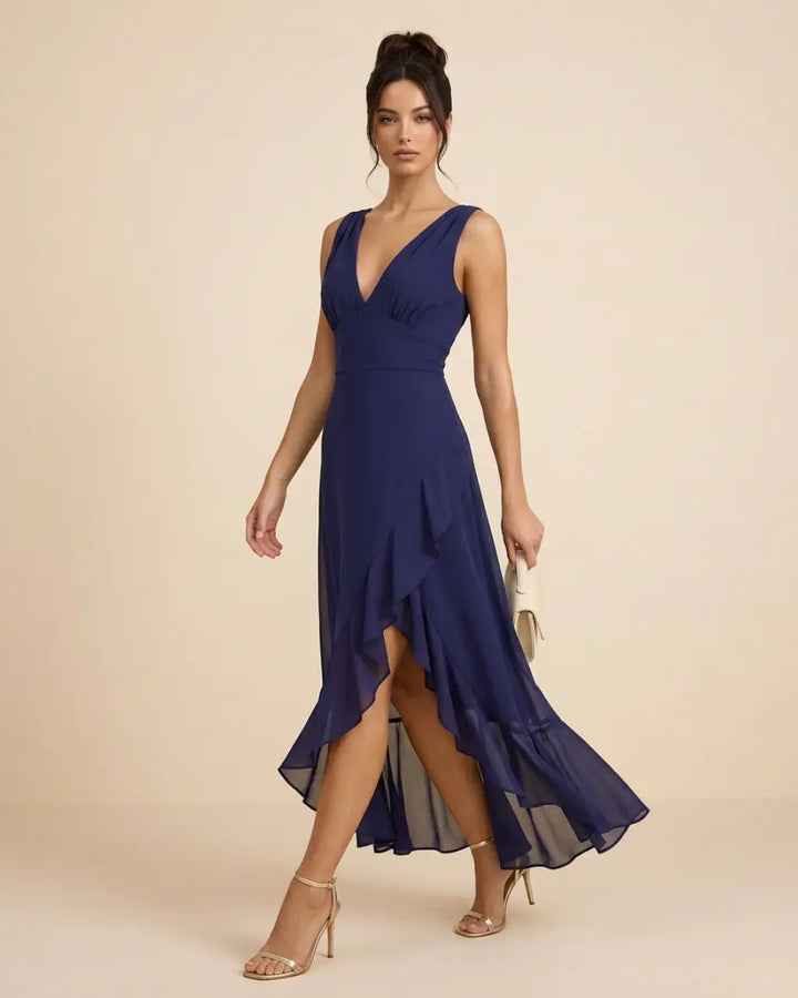 SOLACE  Navy Blue Ruffle Chiffon Slim Fit High Low Dress 