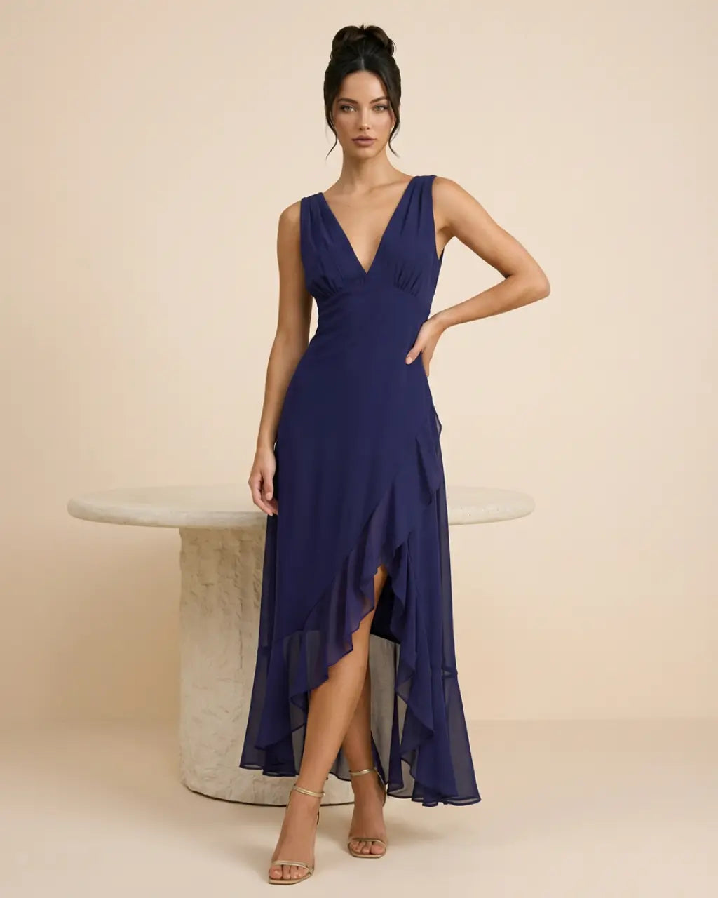 SOLACE  Navy Blue Ruffle Chiffon Slim Fit High Low Dress 