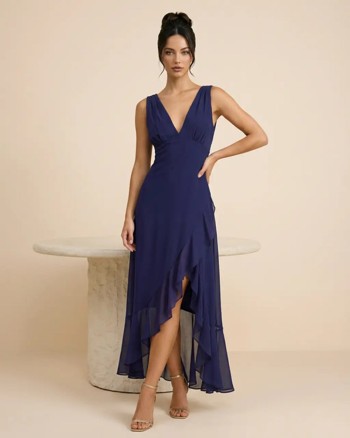SOLACE  Navy Blue Ruffle Chiffon Slim Fit High Low Dress 