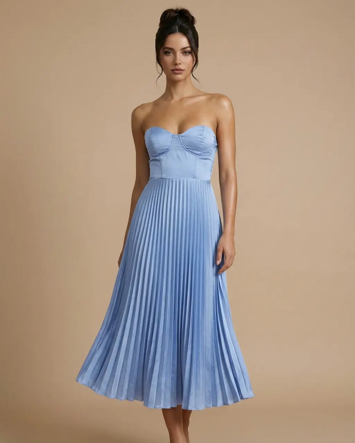 SOLACE  Light Blue Satin Corset Bodice Slim Fit Midi Party Dress 