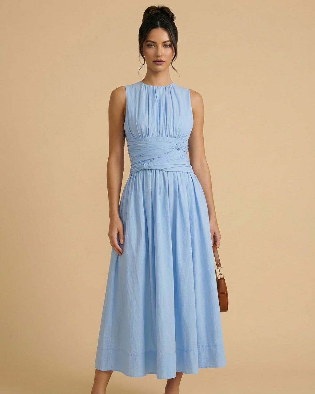 SOLACE  Sky Blue Pleated Bodice Cotton Blend Fitted Waist Midi Dress 