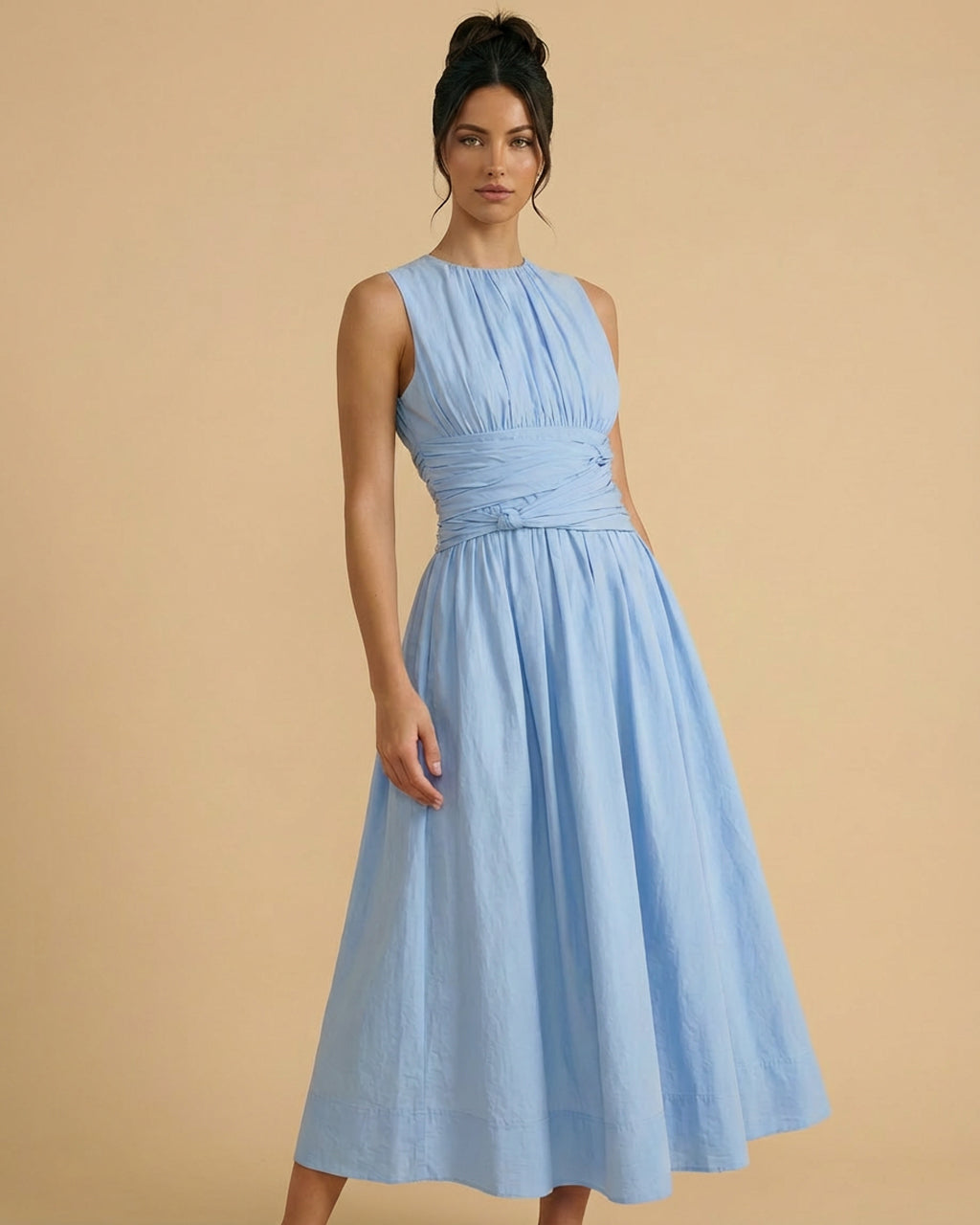 SOLACE  Sky Blue Pleated Bodice Cotton Blend Fitted Waist Midi Dress 