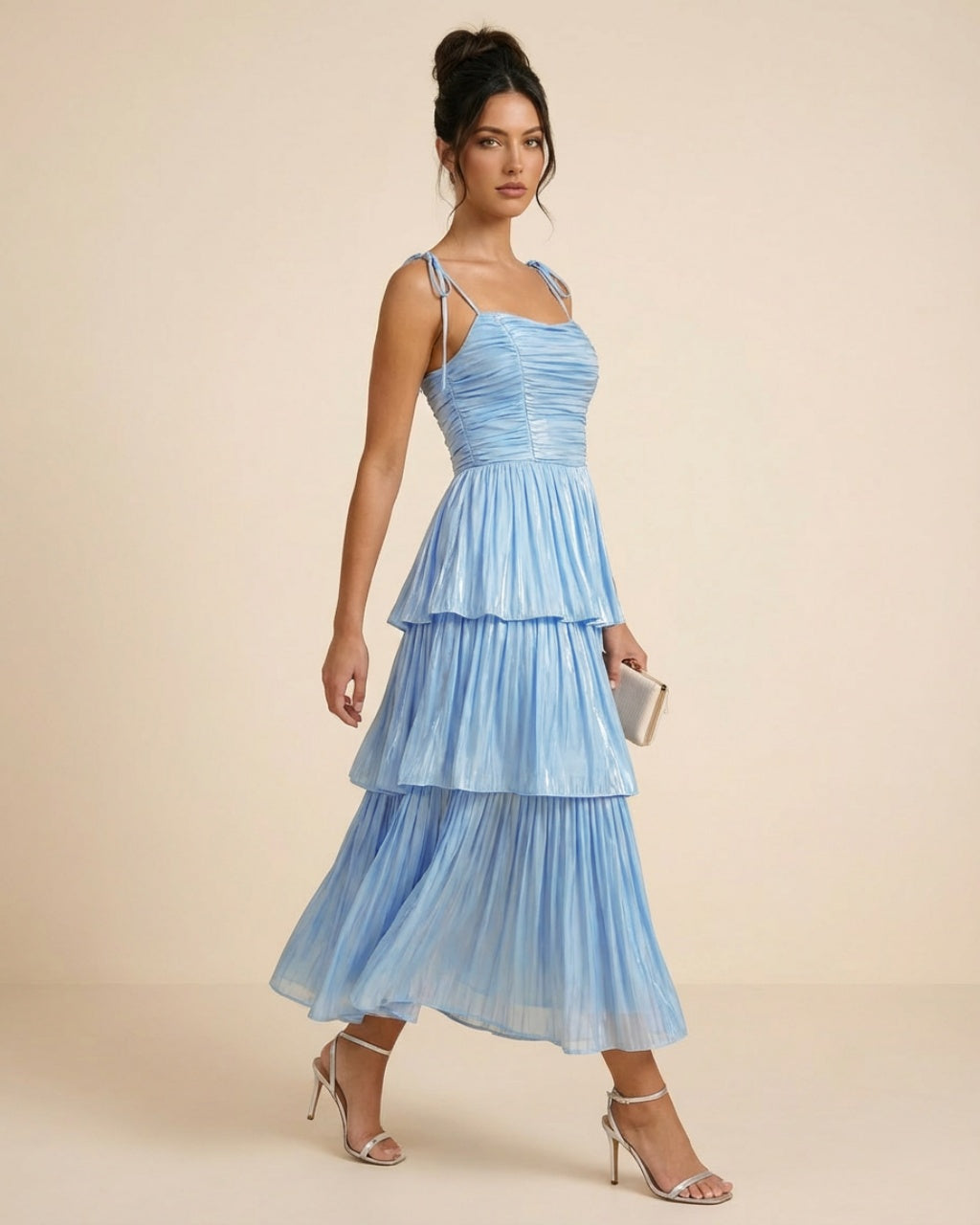 SOLACE  Light Blue Tie Shoulder Ruched Bust Tiered Plisse Midi Dress 