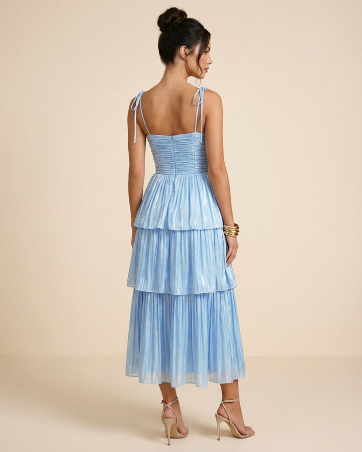 SOLACE  Light Blue Tie Shoulder Ruched Bust Tiered Plisse Midi Dress 