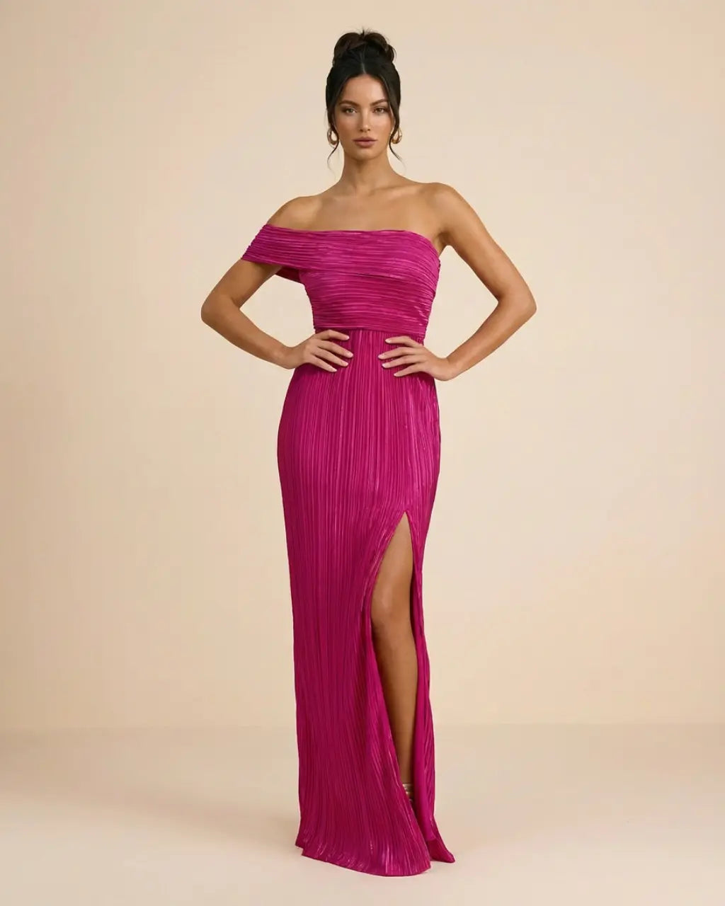 SOLACE  Fuchsia One Shoulder Pleated Slim Fit Maxi Dress 