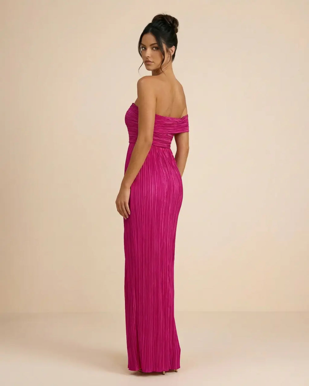 SOLACE  Fuchsia One Shoulder Pleated Slim Fit Maxi Dress 