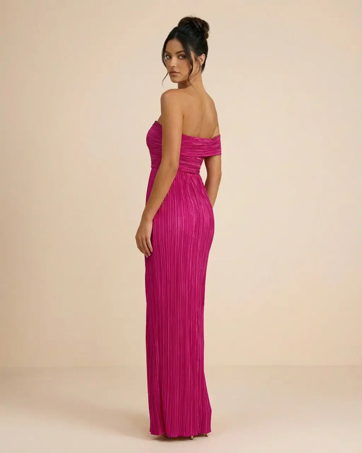SOLACE  Fuchsia One Shoulder Pleated Slim Fit Maxi Dress 