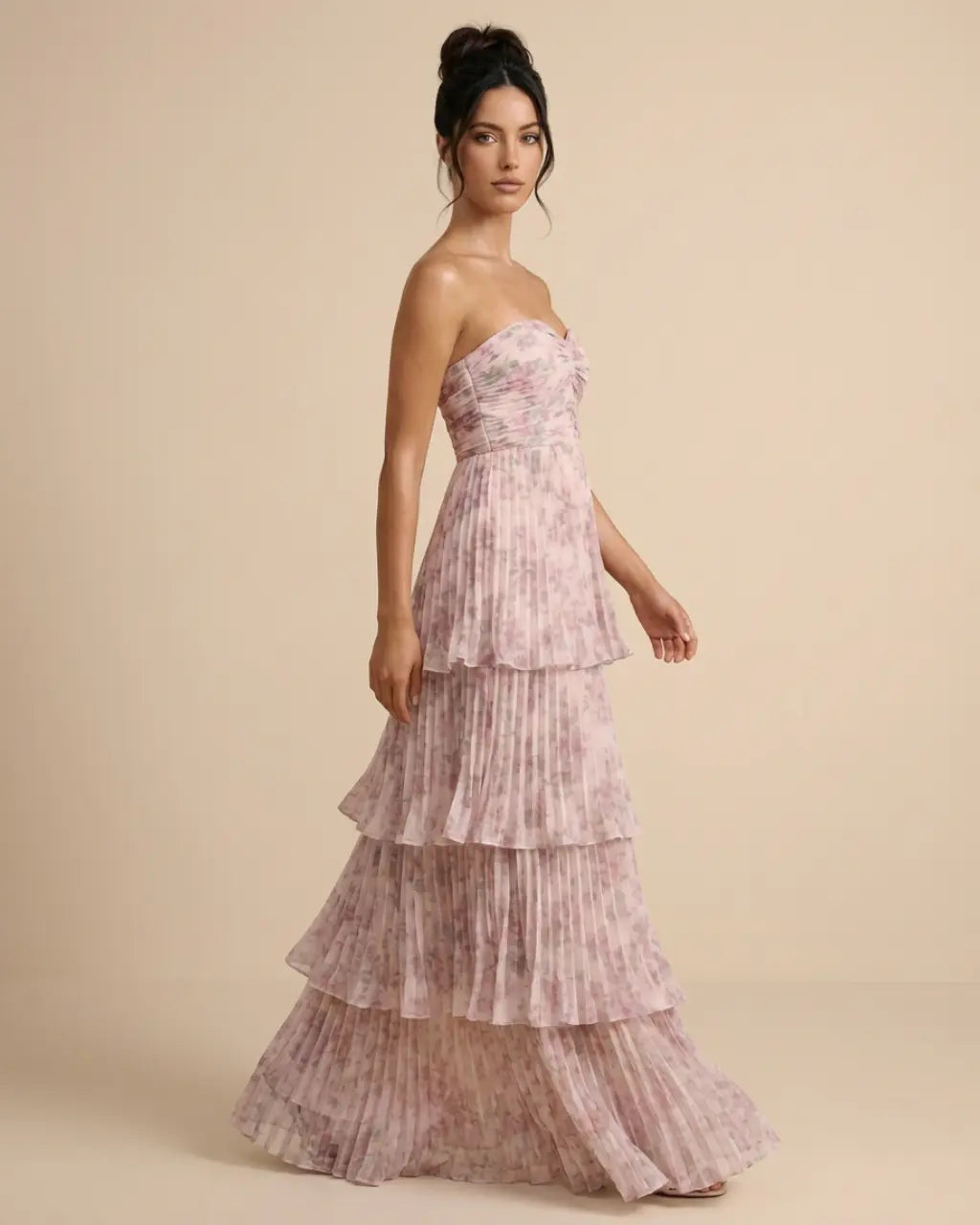 SOLACE  Blush Pink Tiered Pleated Floral Slim Maxi Dress 