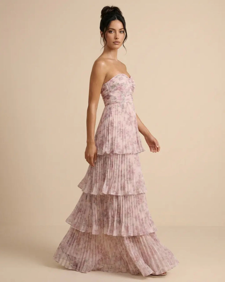SOLACE  Blush Pink Tiered Pleated Floral Slim Maxi Dress 
