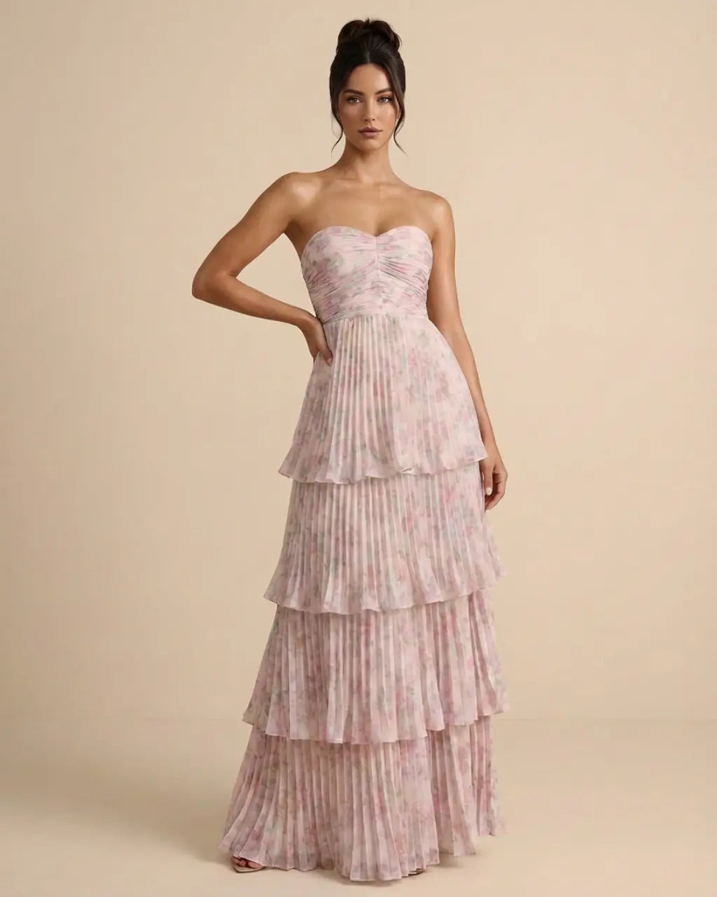 SOLACE  Blush Pink Tiered Pleated Floral Slim Maxi Dress 