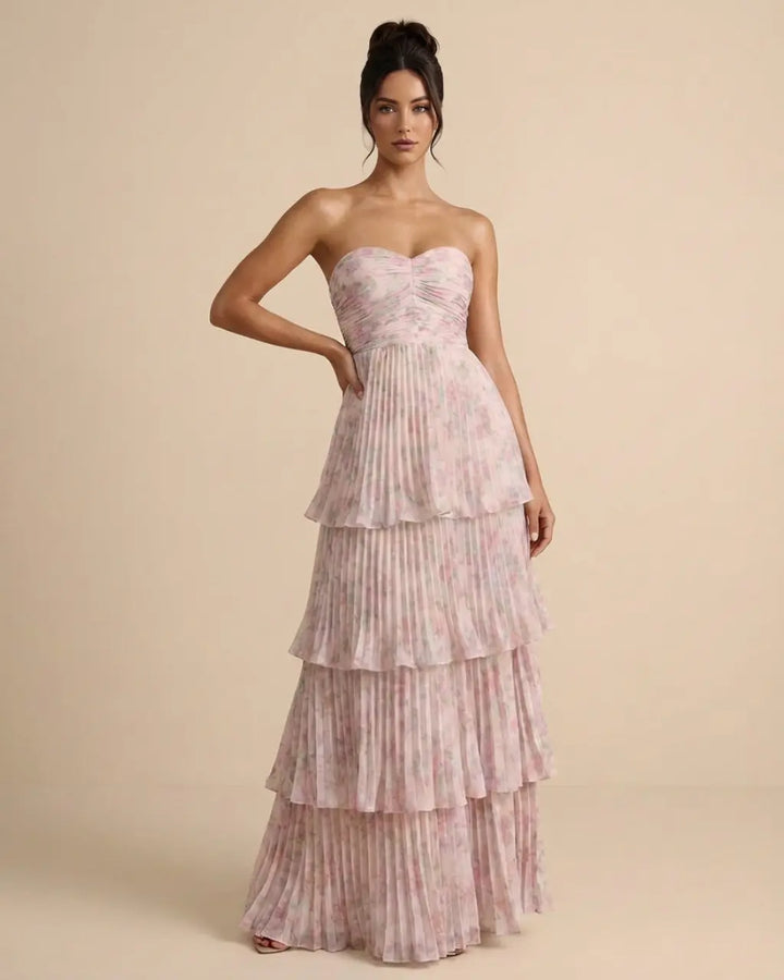 SOLACE  Blush Pink Tiered Pleated Floral Slim Maxi Dress 