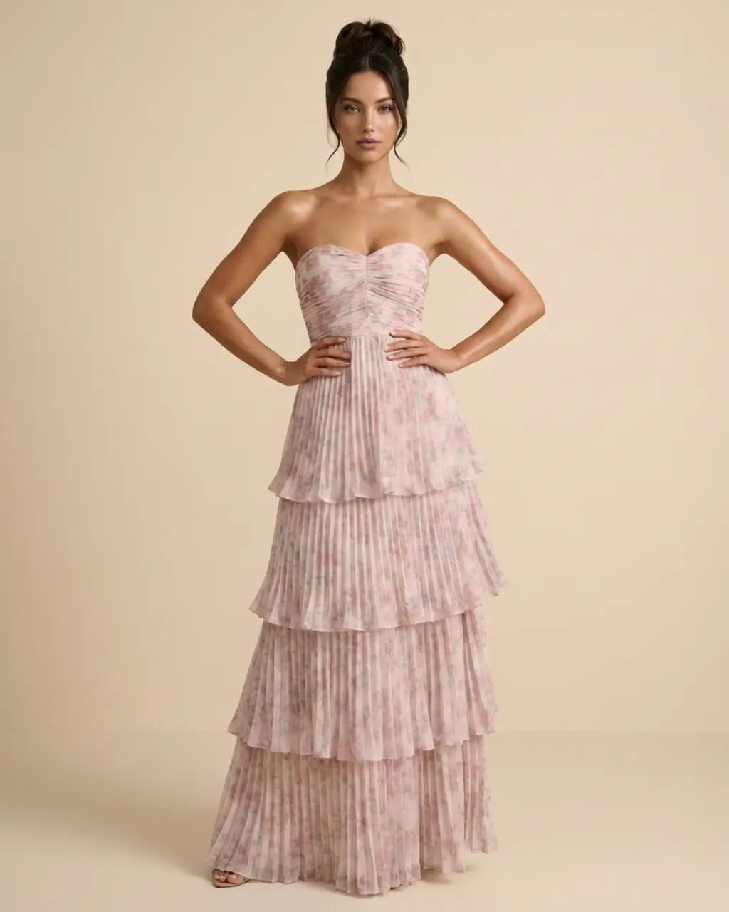 SOLACE  Blush Pink Tiered Pleated Floral Slim Maxi Dress 