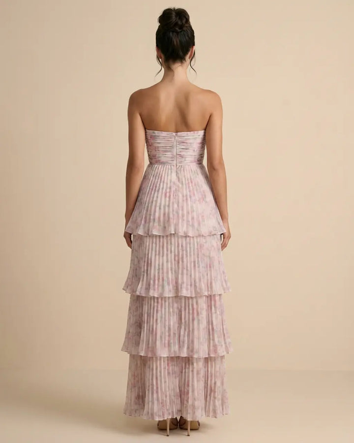 SOLACE  Blush Pink Tiered Pleated Floral Slim Maxi Dress 