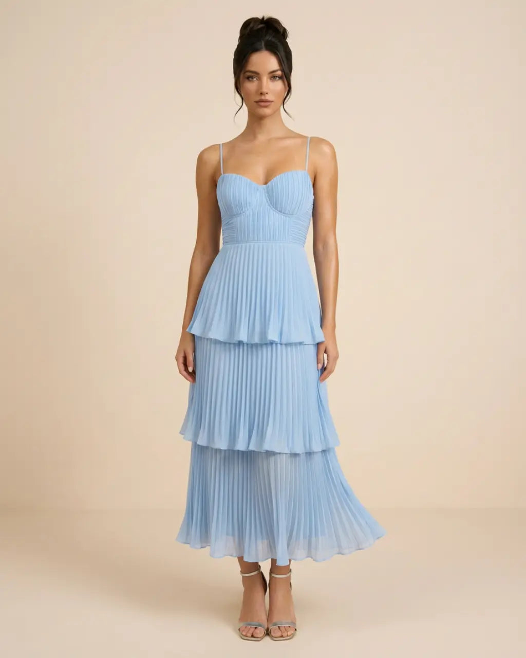 SOLACE  Light Blue Tiered Pleated Chiffon Slim Fit Midi Dress 