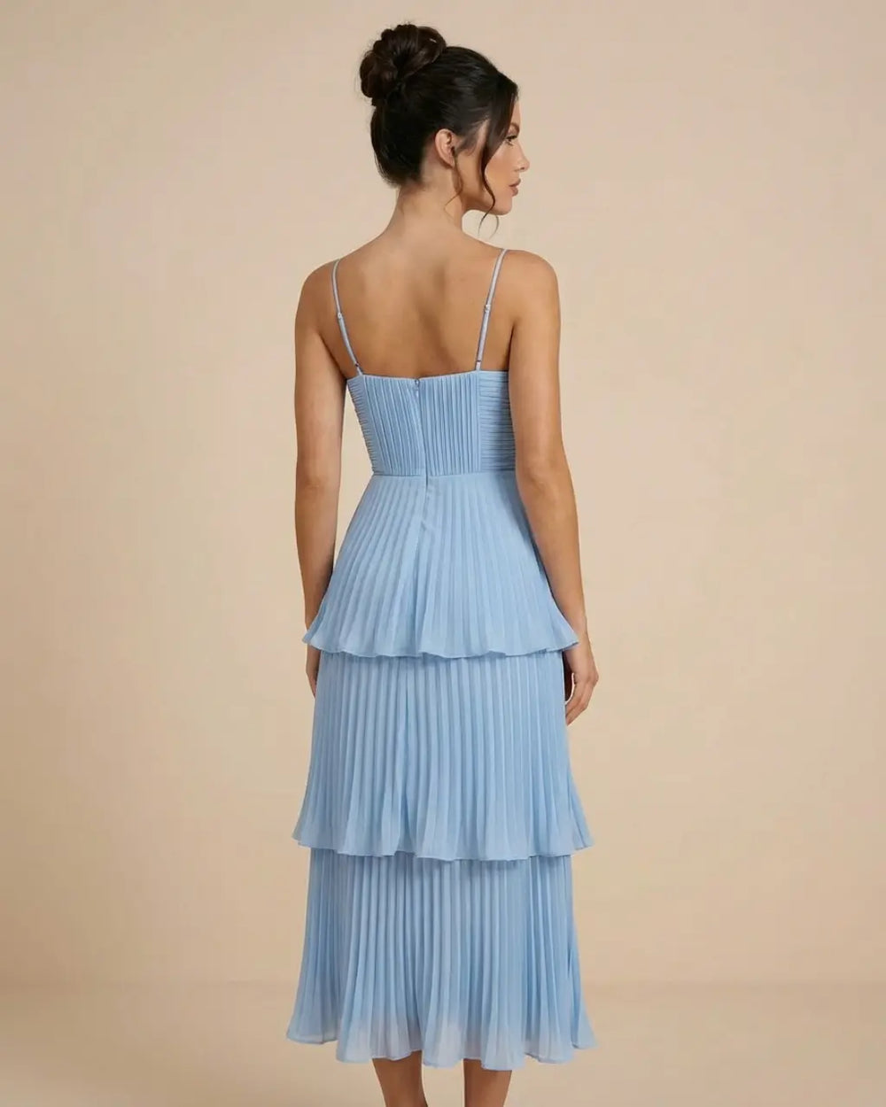 SOLACE  Light Blue Tiered Pleated Chiffon Slim Fit Midi Dress 