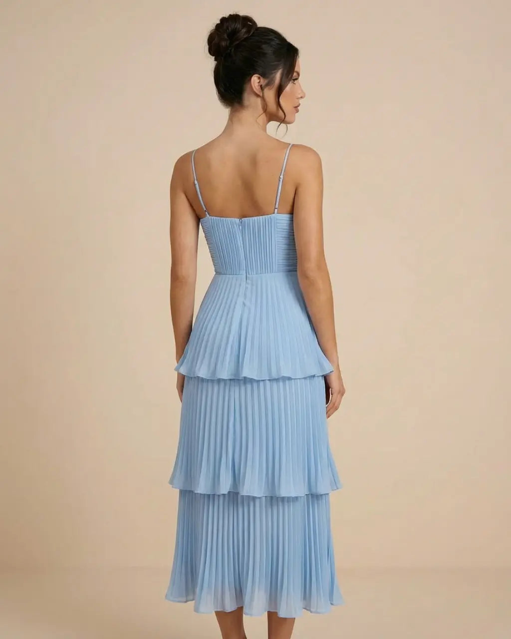 SOLACE  Light Blue Tiered Pleated Chiffon Slim Fit Midi Dress 