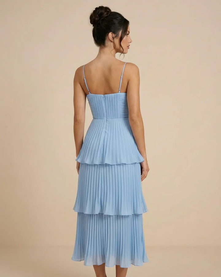 SOLACE  Light Blue Tiered Pleated Chiffon Slim Fit Midi Dress 