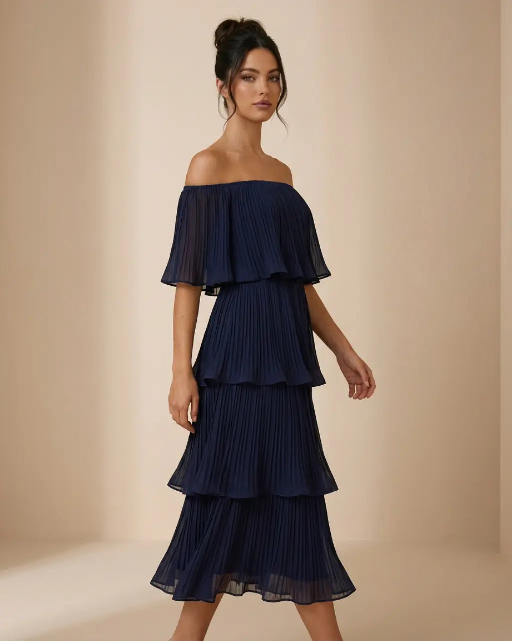 SOLACE  Navy Blue Pleated Tiered Slim Fit Midi Dress 