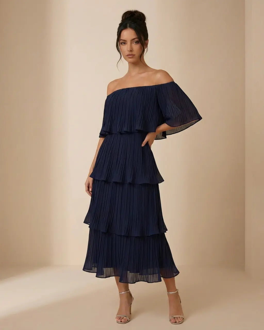 SOLACE  Navy Blue Pleated Tiered Slim Fit Midi Dress 