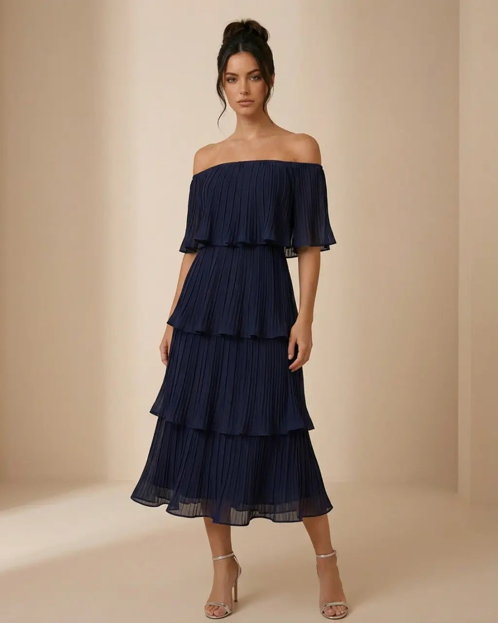 SOLACE  Navy Blue Pleated Tiered Slim Fit Midi Dress 