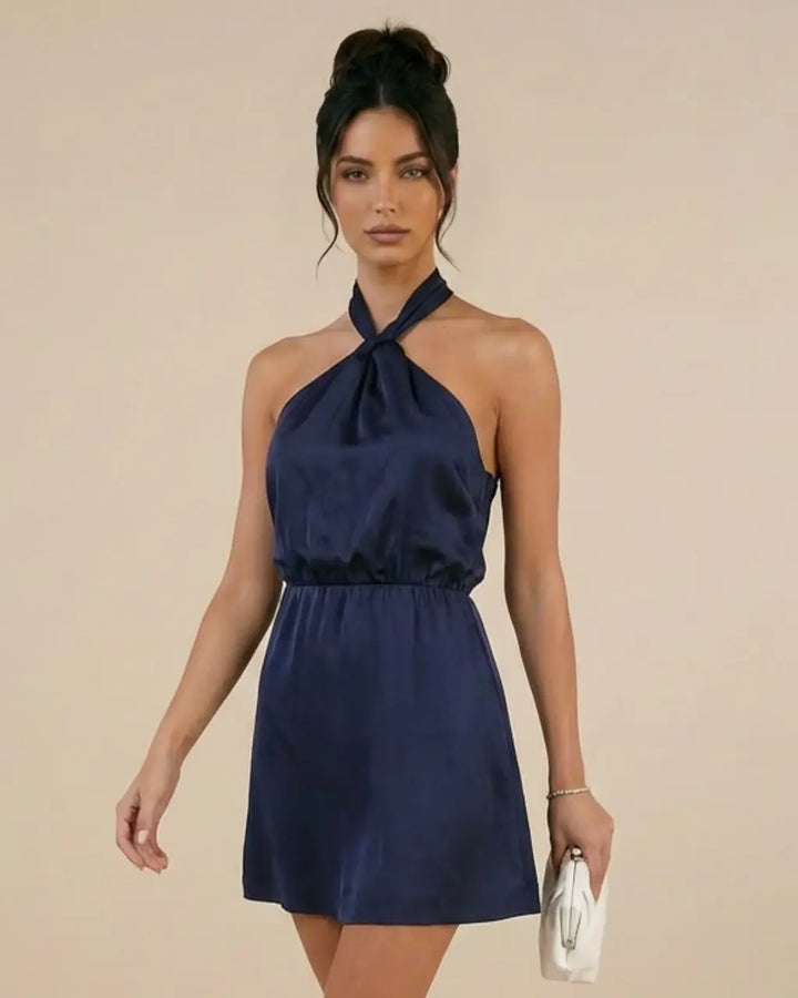 SOLACE  Navy Blue Satin Halter Neck Slim Fit Mini Dress 