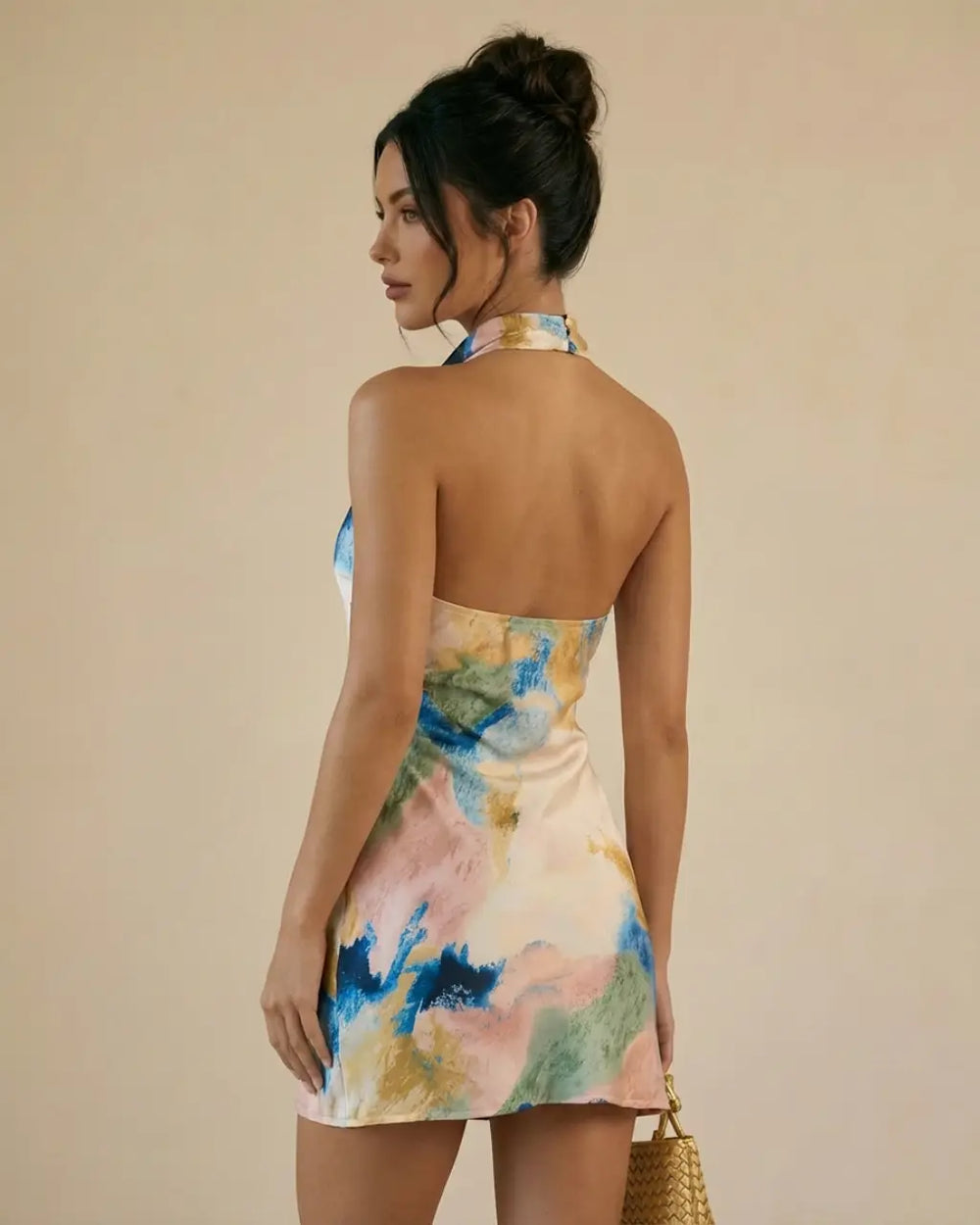 SOLACE  Multicolor Watercolor Print Cowl Neck Halter Bodycon Mini Dress 