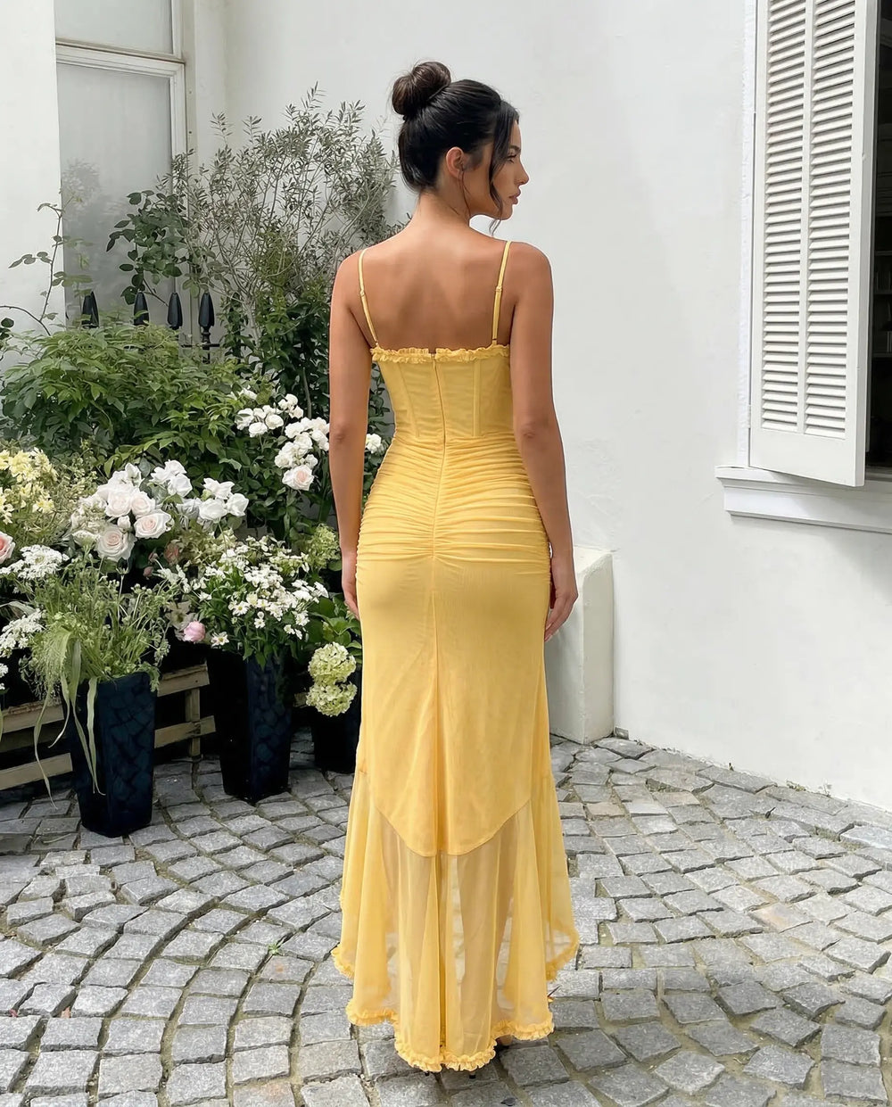 Butter Yellow Spaghetti Strap Ruffle Trim Ruched High Low Maxi Dress SOLACE