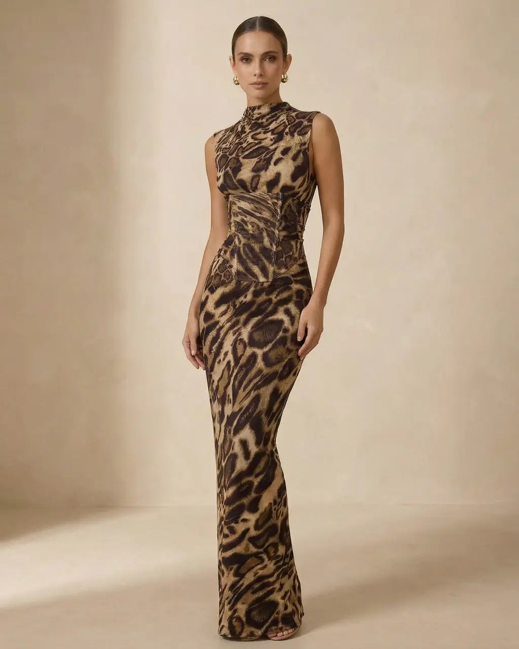 Leopard Print High Neck Sleeveless Corset Waist Maxi Dress SOLACE