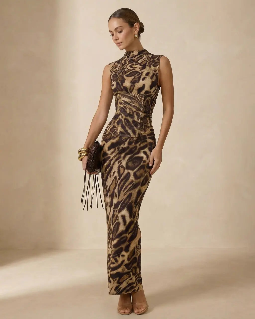 Leopard Print High Neck Sleeveless Corset Waist Maxi Dress SOLACE