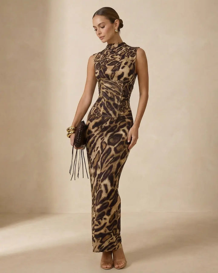 Leopard Print High Neck Sleeveless Corset Waist Maxi Dress SOLACE