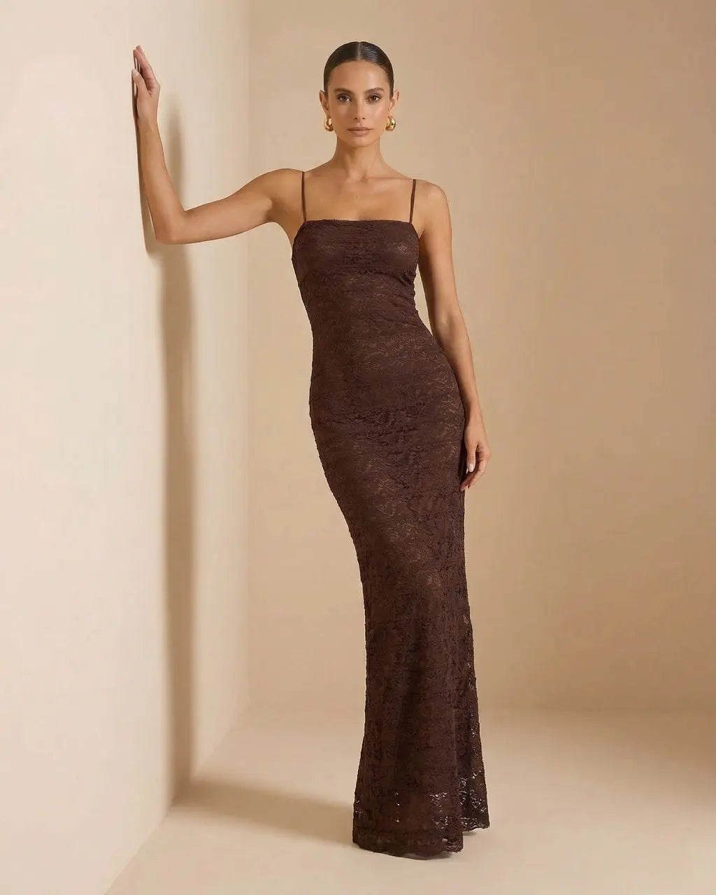 Brown Lace Spaghetti Strap Bodycon Back Slit Maxi Dress SOLACE