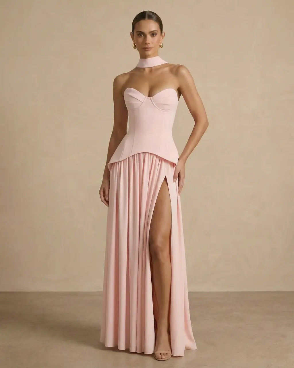 Blush Pink Halter Neck Bustier Corset Slit Maxi Dress SOLACE