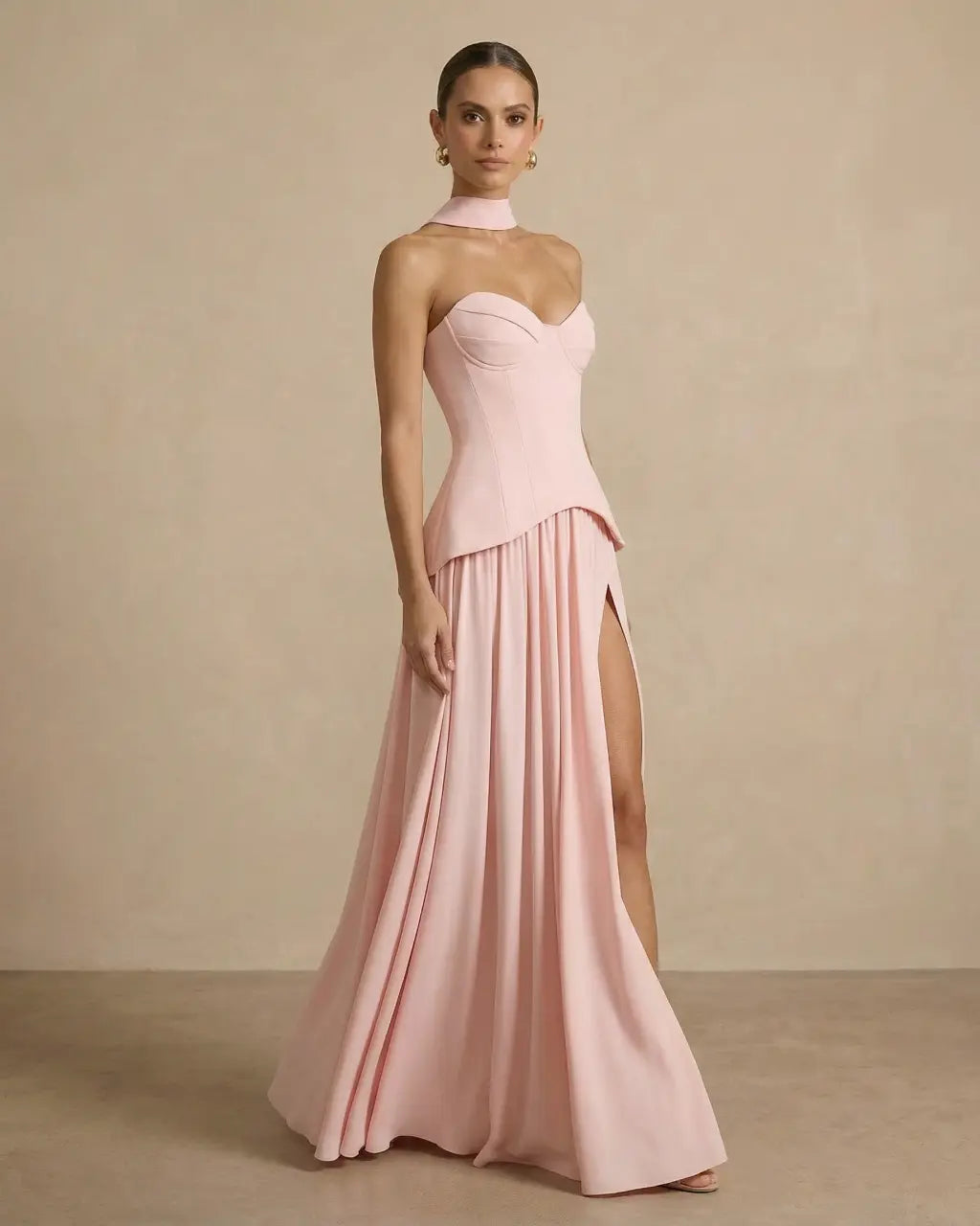 Blush Pink Halter Neck Bustier Corset Slit Maxi Dress SOLACE
