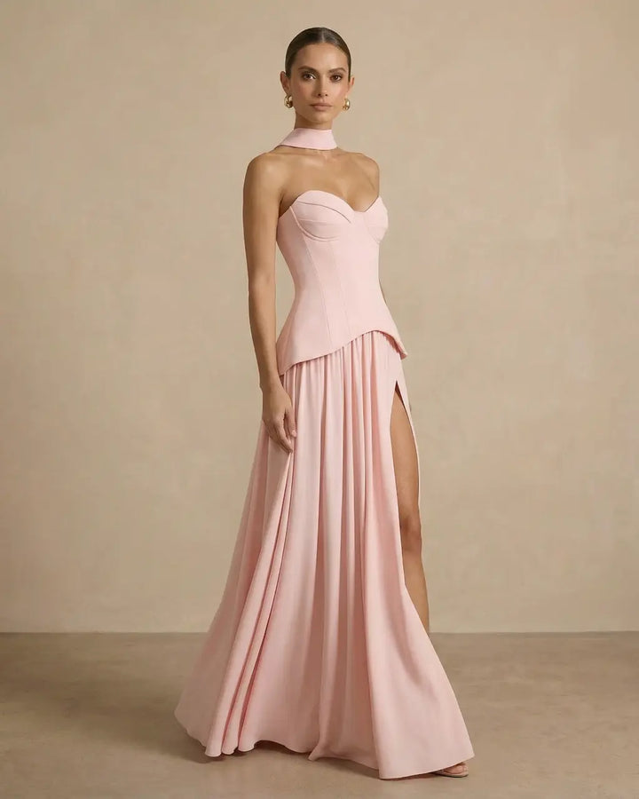 Blush Pink Halter Neck Bustier Corset Slit Maxi Dress SOLACE